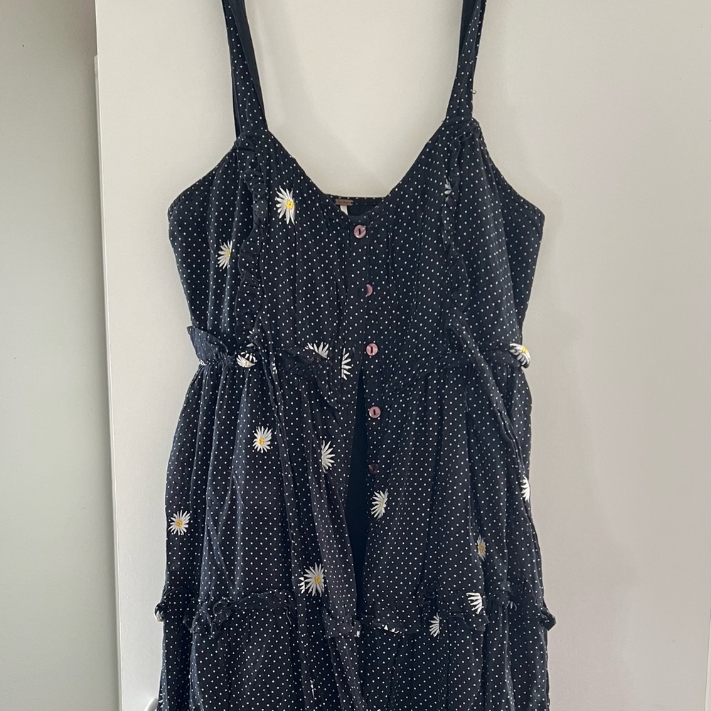 Free People Black Midi Dress with White Floral Print